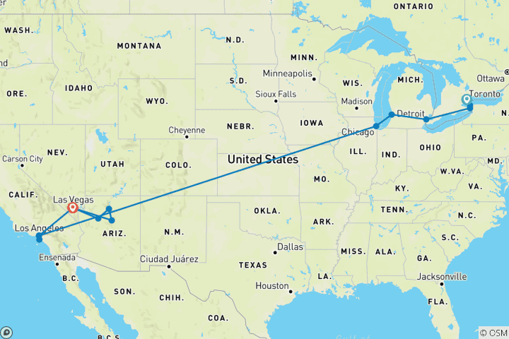 Carte du circuit Toronto, Niagara et Chicago avec les classiques de l'Ouest se terminant à Las Vegas