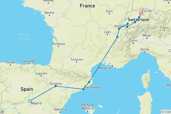 Carte du circuit Madrid à Zurich (11 destinations)