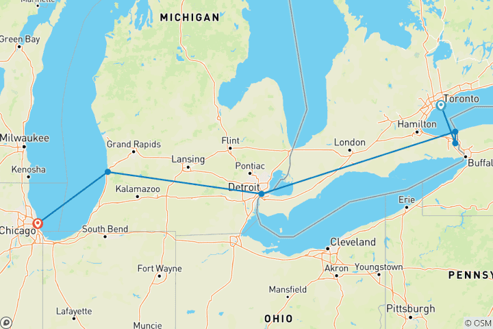 Carte du circuit Toronto, Niagara et Chicago