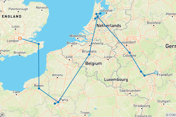 Kaart van Van Frankfurt naar Londen (inclusief Brussel)