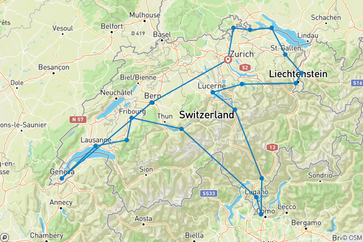 Carte du circuit Le meilleur de la Suisse (20 destinations)