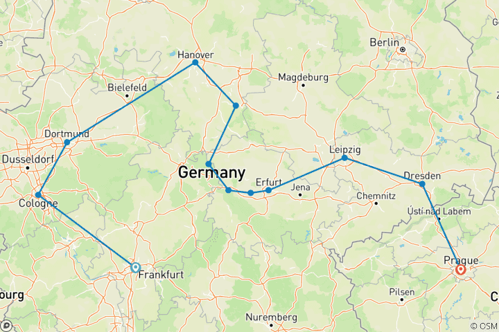 Carte du circuit Tournée au cœur de l'Allemagne, qui se termine à Prague