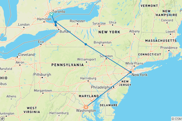 Carte du circuit Toronto, Niagara avec la côte est, fin à Washington