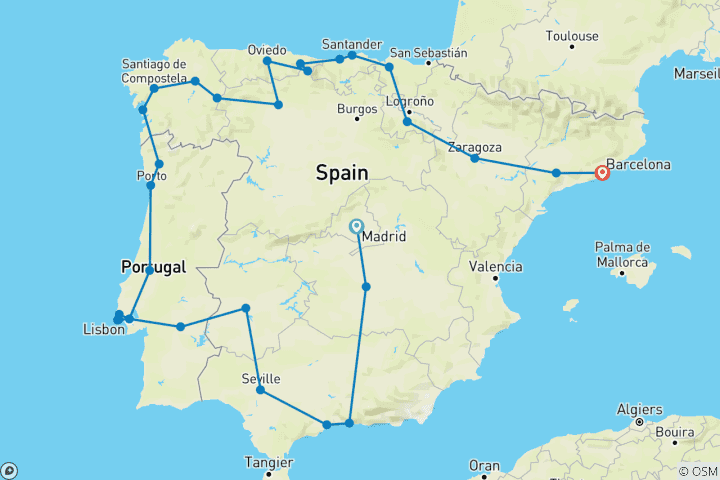 Karte von Schätze von Spanien und Portugal (32 Destinationen)