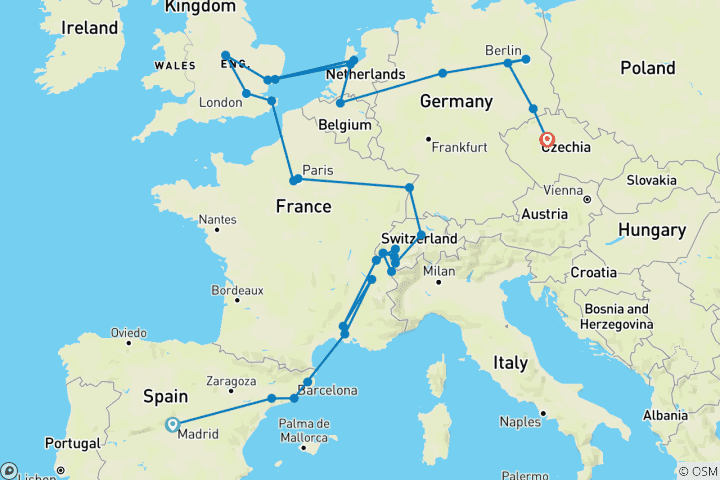 Karte von Schätze Europas (36 Destinationen)