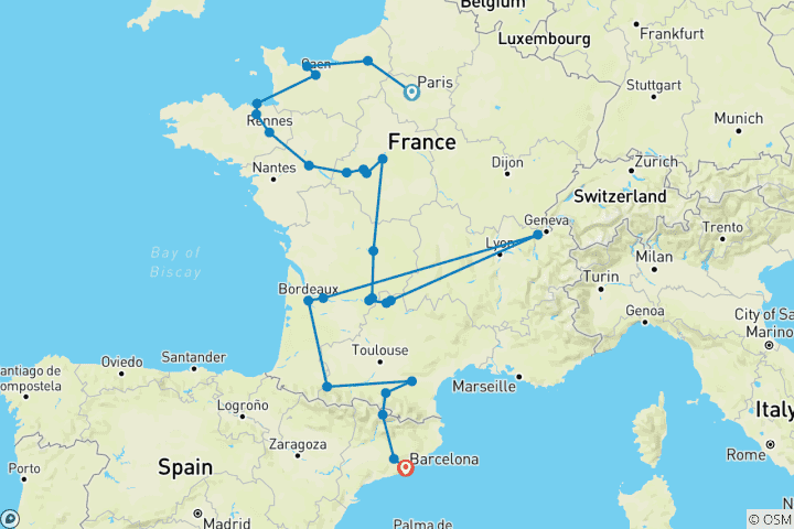 Carte du circuit La France et Barcelone en un clin d'œil (including Beynac-et-Cazenac)