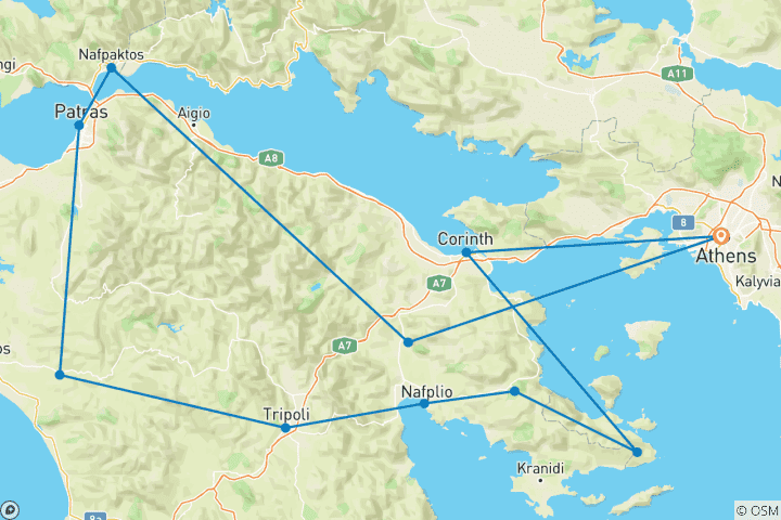Kaart van Peloponnesos & de Saronische eilanden (11 bestemmingen)