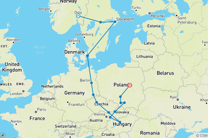 Map of Scandinavian and Eastern Europe (including Czestochowa)