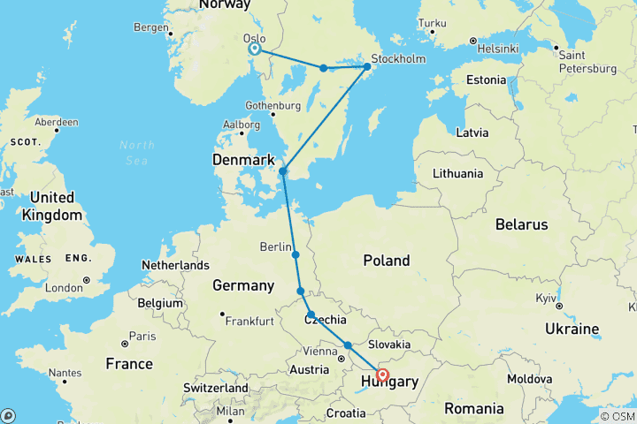 Map of Scandinavian and Eastern Europe, Ending in Budapest (9 destinations)