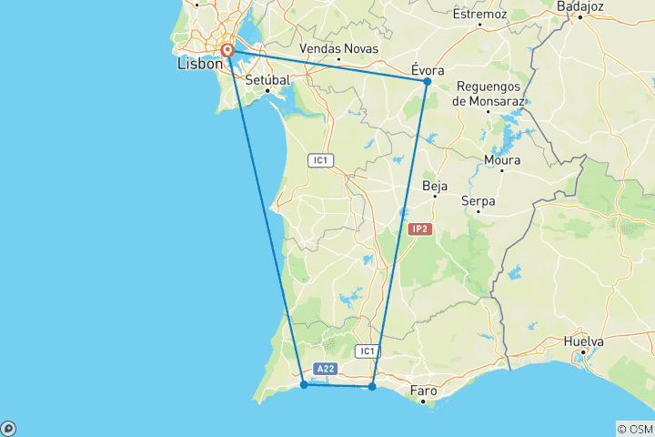 Carte du circuit Sud du Portugal avec Lisbonne (5 destinations)