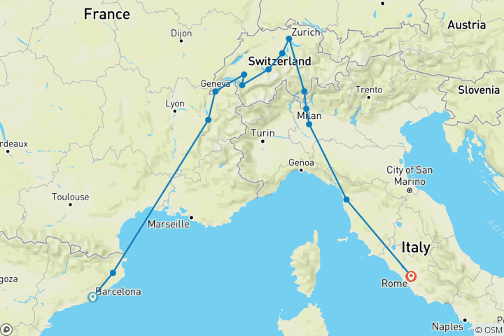 Map of Spain, Switzerland and Rome (14 destinations)