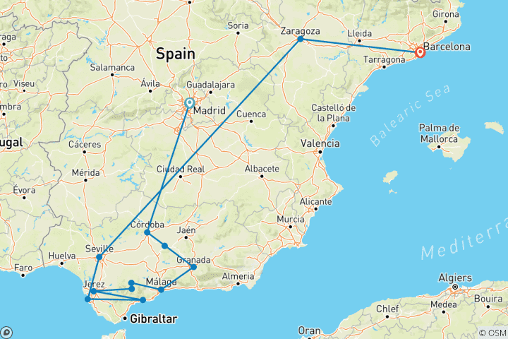 Carte du circuit L'ultime Andalousie, qui se termine à Barcelone (13 destinations)