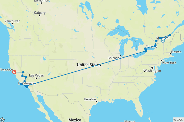 Carte du circuit Les incontournables du Canada et de l'Ouest