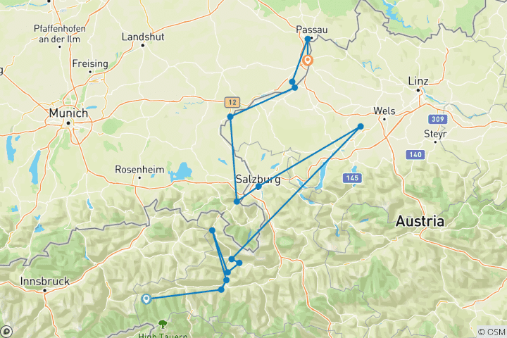 Carte du circuit Piste cyclable du Tauern Krimml - Passau