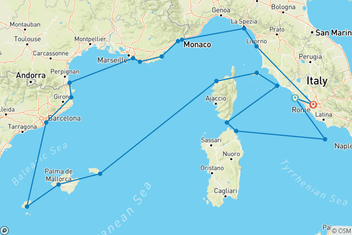 Carte du circuit L'Italie, la Côte d'Azur et les îles de la Méditerranée en toute sécurité