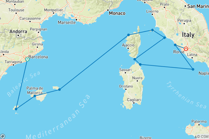 Carte du circuit Îles idylliques de la Méditerranée 2028 - 12 jours (from Barcelone to Rome)