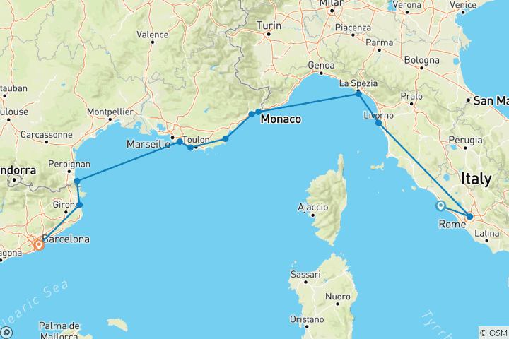 Carte du circuit L'Italie et la Côte d'Azur 2028 - 11 jours (from Civitavecchia to Barcelone)