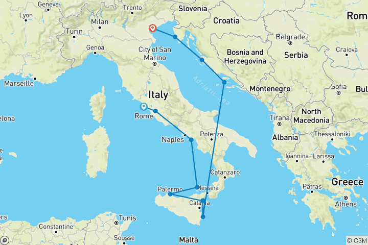 Carte du circuit Adriatique, Sicile et Côte amalfitaine 2028 - 12 jours (from Civitavecchia to Venise)