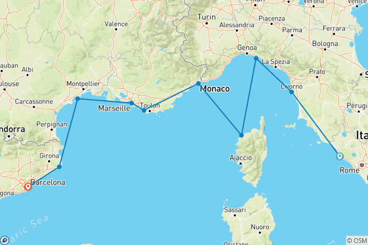 Karte von Mittelmeer-Rivieras: Rom bis Barcelona