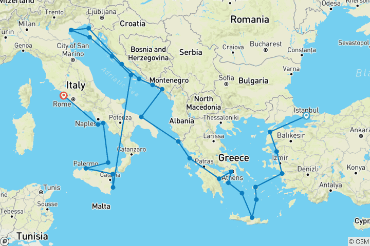 Carte du circuit Voyage ultime : Empires antiques, côte adriatique et amalfitaine