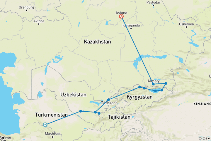 Mapa de Viaje a los Cinco Stans - Explorando las maravillas de Asia Central, 17 días