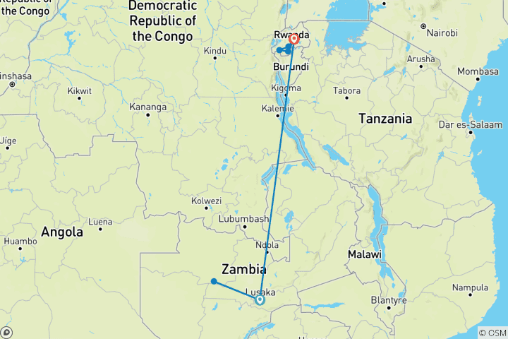 Carte du circuit 6 jours Parc national de Kafue (Zambie) et Parc national de Nyungwe (Rwanda)