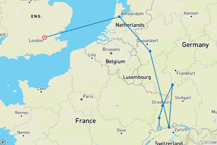 Carte du circuit Tulipes et Rhin et Londres 2027 - 11 jours
