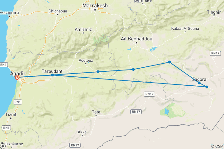 Map of 2 Days Private Sahara Tour to Zagora Desert From Agadir
