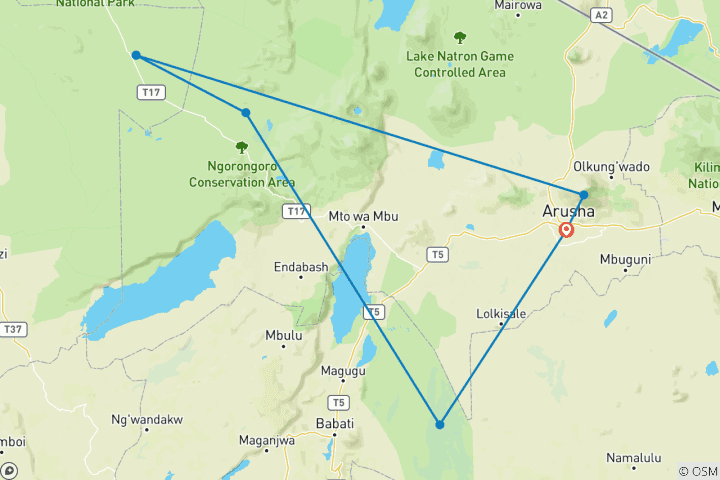 Kaart van 6-daagse avontuurlijke safari in de wildernis in Tanzania