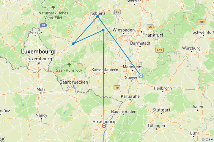 Carte du circuit La vallée romantique du Rhin et le rocher de la Lorelei (croisière de port à port)