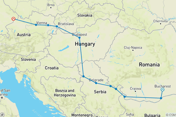 Kaart van Grote hoogtepunten van de Donau (2027) (Boekarest naar Passau, 2027)