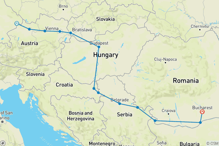 Kaart van Grote hoogtepunten van de Donau (2027) (Passau naar Boekarest, 2027)