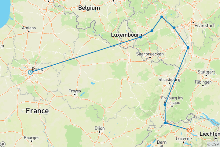 Kaart van Schilderachtige Rijn, Parijs & de Zwitserse Alpen (2027) (Parijs naar Zürich, 2027)