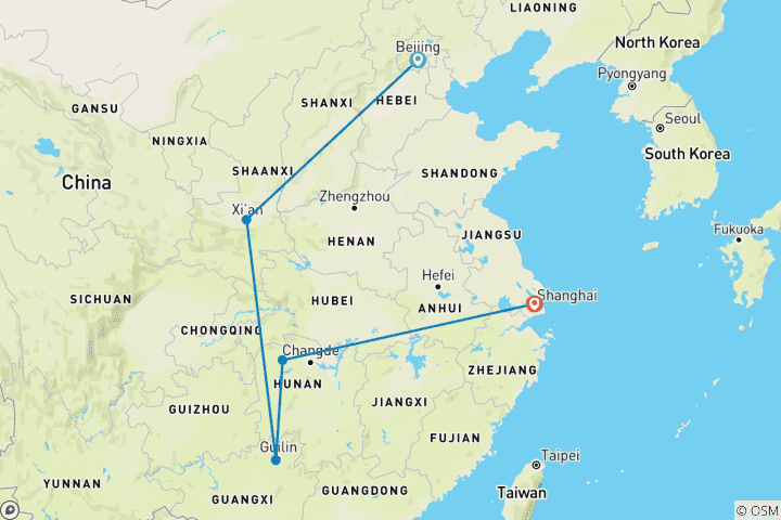 Mapa de 14 Días de Viaje Privado por China: Pekín-Xi'an-Guilin-Zhangjiajie-Shanghai