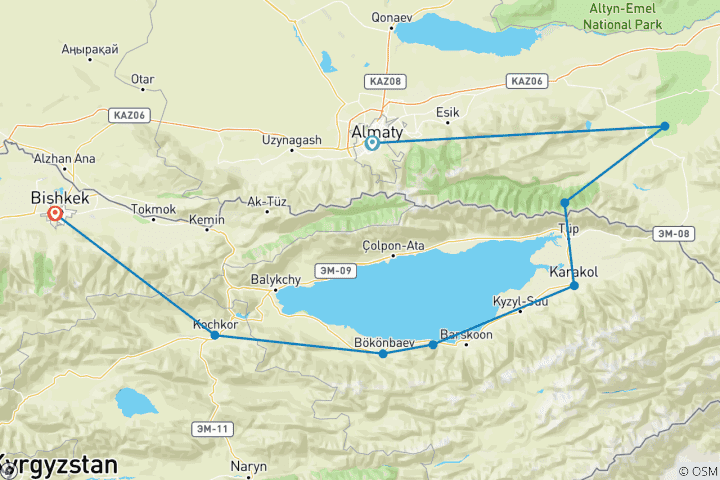 Mapa de Tesoros ocultos, viaje de 8 días Kazajstán-Kirguistán