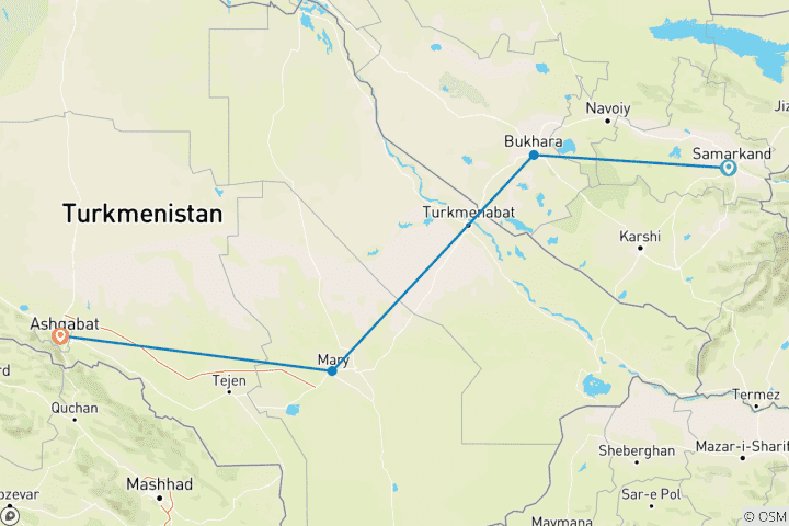 Mapa de Desiertos y cúpulas, Uzbekistán y Turkmenistán, 8 días