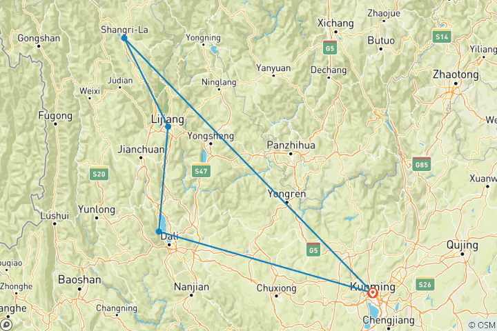 Carte du circuit Yunnan et Shangri-La - Nature, culture et charme des vieilles villes