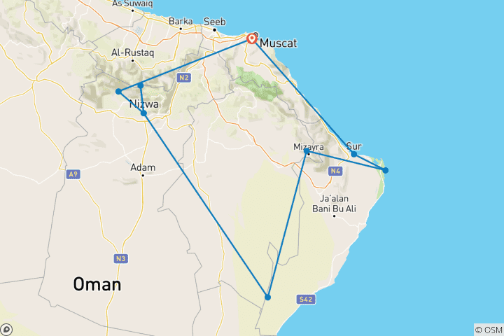 Kaart van Oman: bergen, woestijnen en oases - privétour