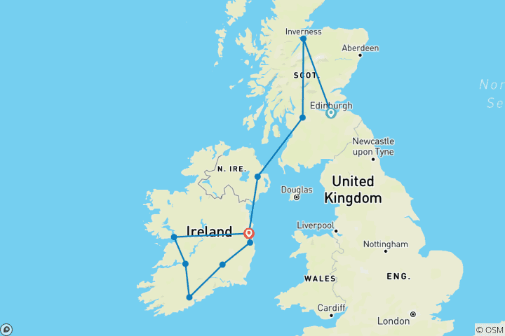 Carte du circuit 12 jours Édimbourg, Inverness, Glasgow, Dublin, Cork, Limerick, Galway, et bien plus encore.