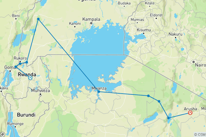 Map of 11 Day Rwanda Uganda Tanzania Primate and Safari Expedition