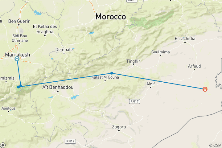Kaart van Atlasgebergte, twee valleien en Sahara-woestijntocht (5 dagen)