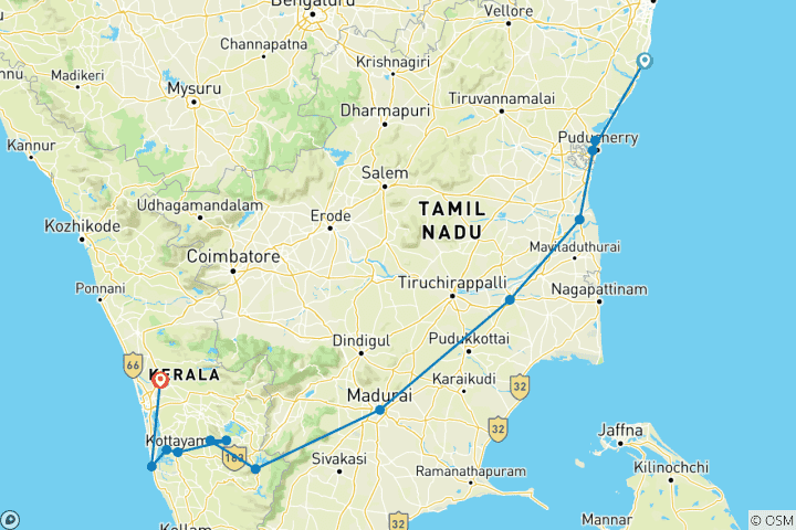 Map of Cycle South India - Tamil Nadu to Kerala