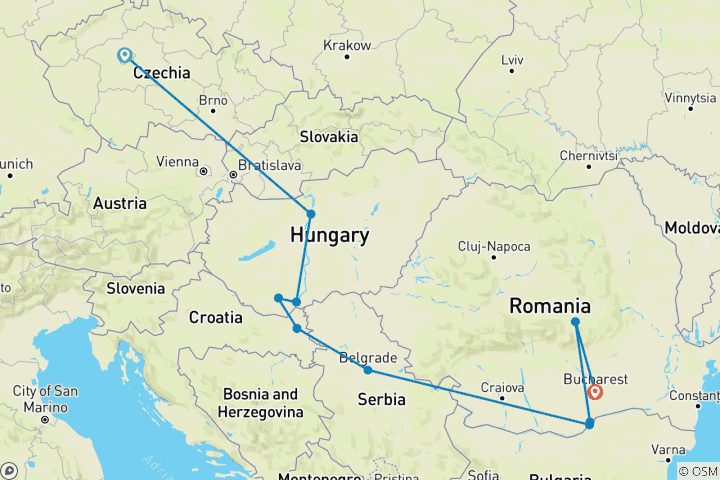 Carte du circuit Aventure dans les Balkans avec Prague et la Transylvanie Prague → Bucarest (2027)