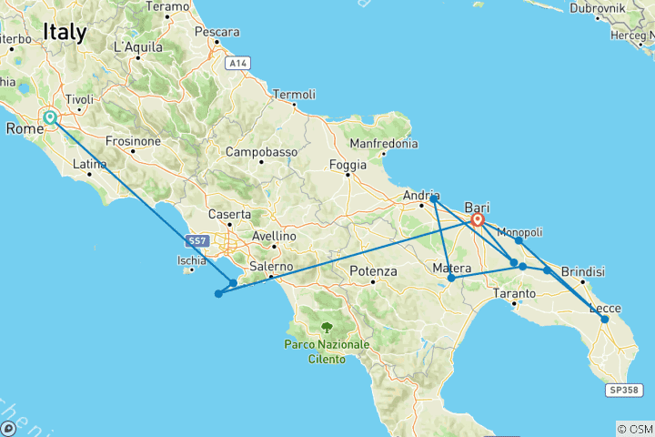 Carte du circuit Lumières du Sud : Rome, Sorrente, Capri et les Pouilles