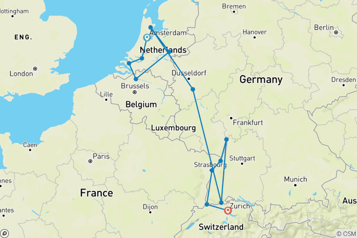 Carte du circuit Les points forts du Rhin, les moulins à vent, les tulipes et les délices de la Belgique 2027