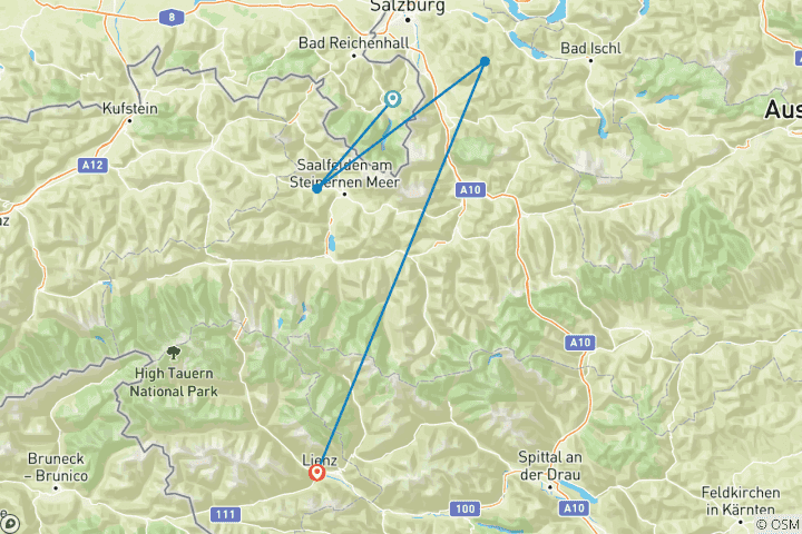 Karte von Alpenüberquerung individuell vom Königssee zu den Drei Zinnen mit Hotelkomfort (8 Tage)