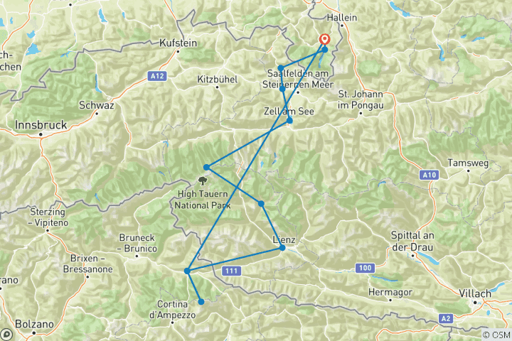 Kaart van Doorkruis de Alpen van Königssee naar de Drie Pieken met hotelcomfort (8 dagen)