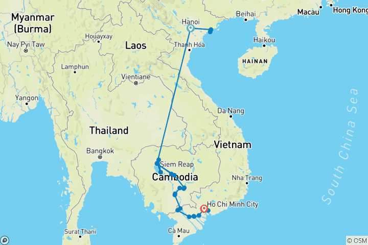 Carte du circuit Le meilleur du Cambodge, du Vietnam et du Mékong de luxe 2026-2027 – 20 jours