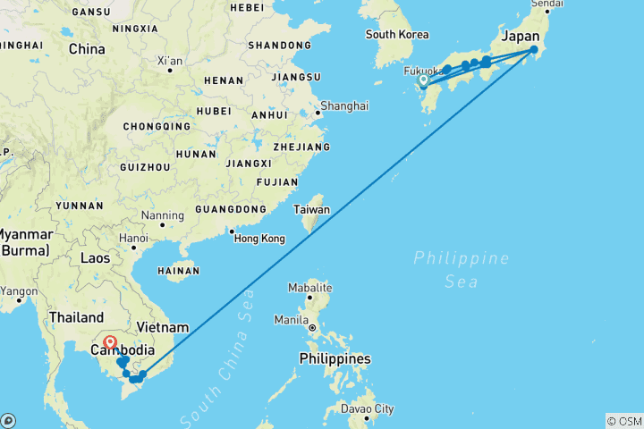 Carte du circuit Japon classique et Trésors du Mékong 2026|2027