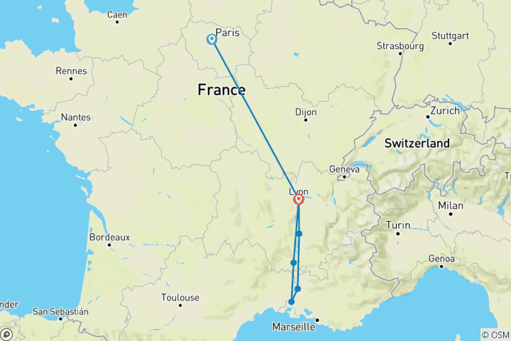 Carte du circuit Rhône romantique avec Paris Paris → Lyon (2027)